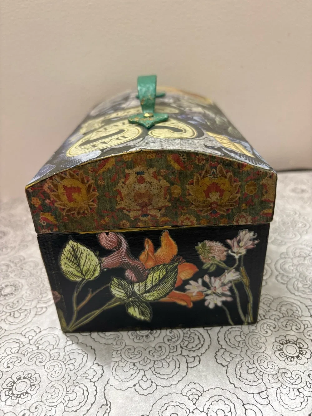 Floral Decoupage Decorative Storage Box with Green Handle